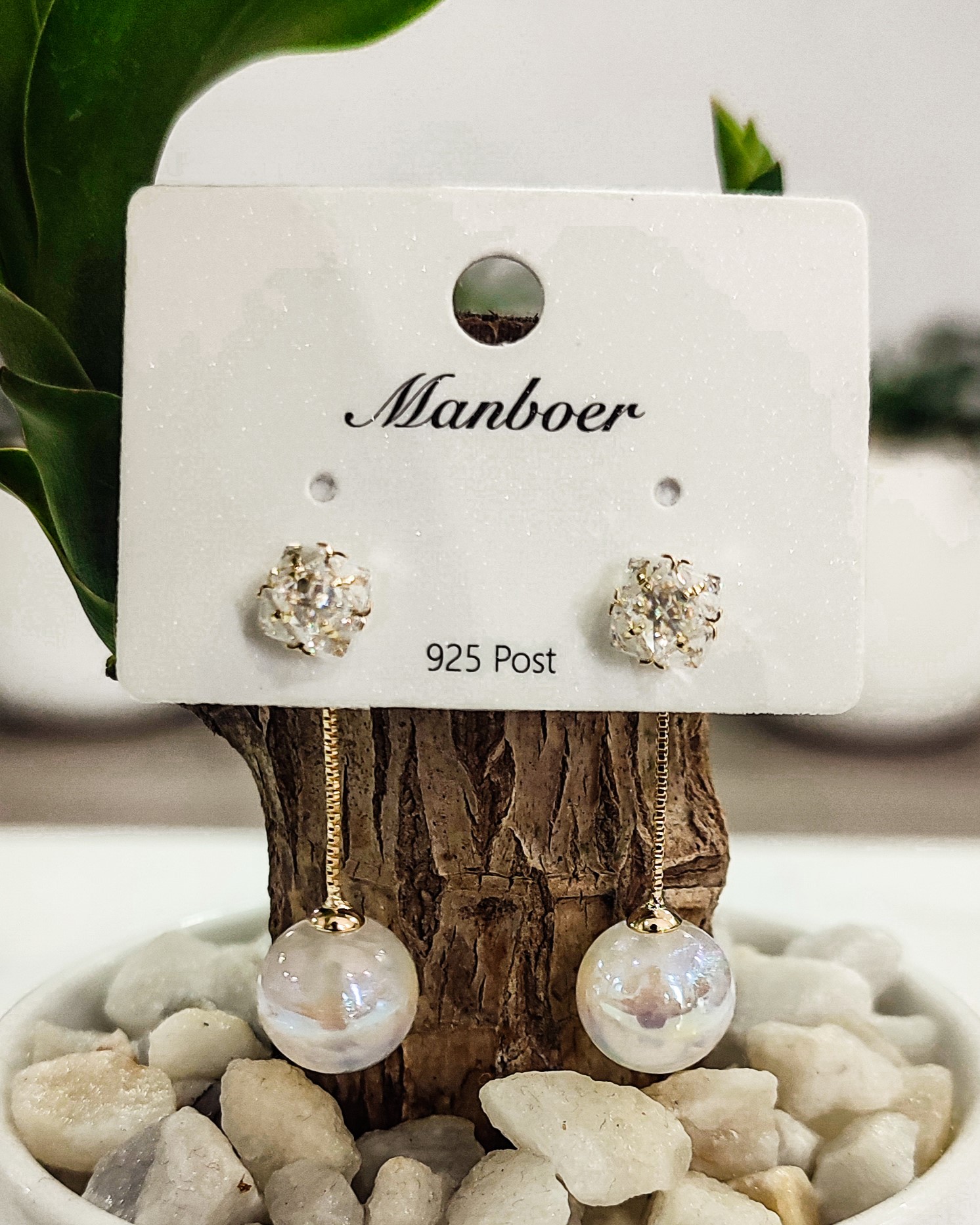 Manboer Elegant Crystal Stud with Iridescent Pearl Threader Drop Earrings
