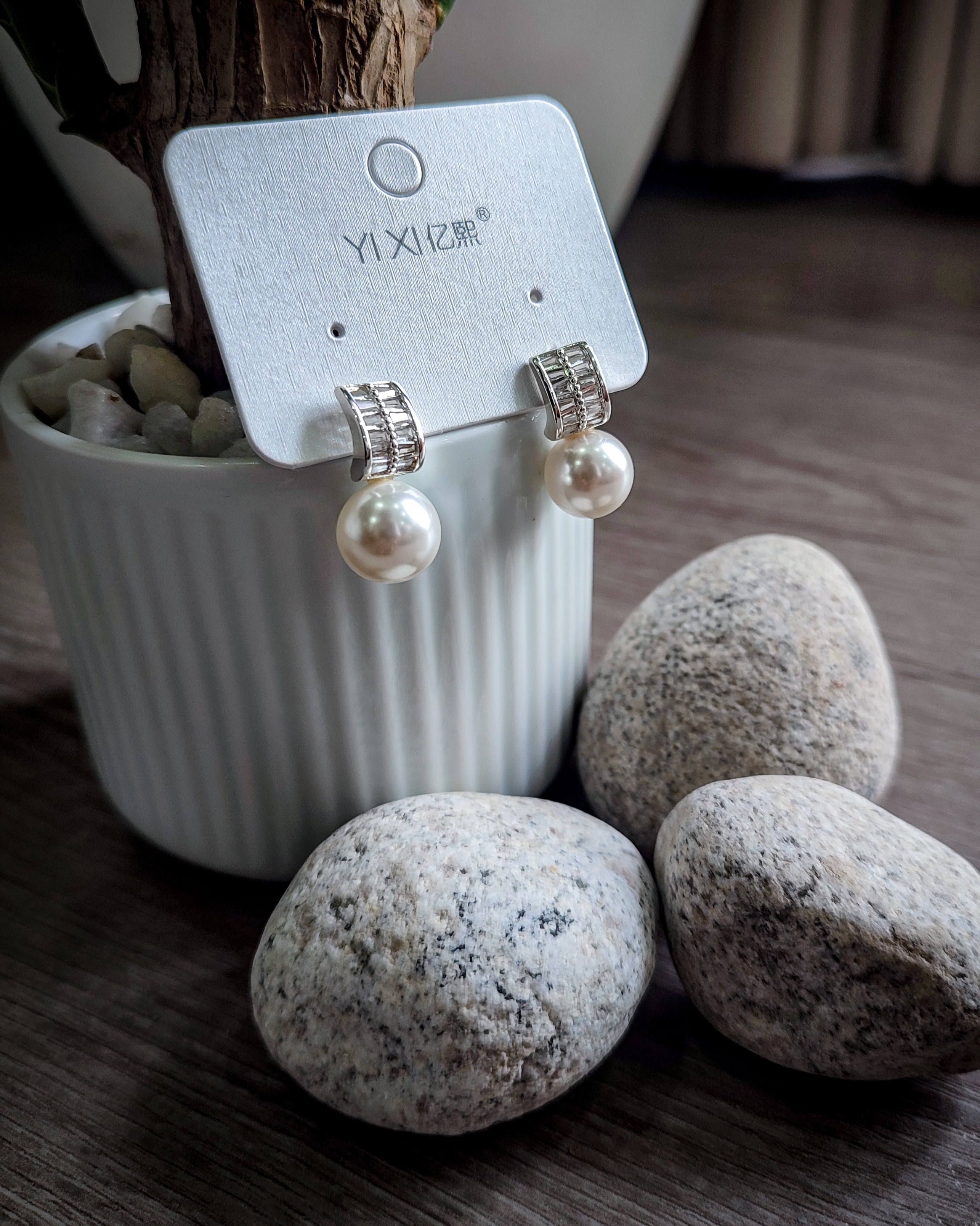 YIXI Baguette Crystal Curve Stud and White Pearl Drop Earrings