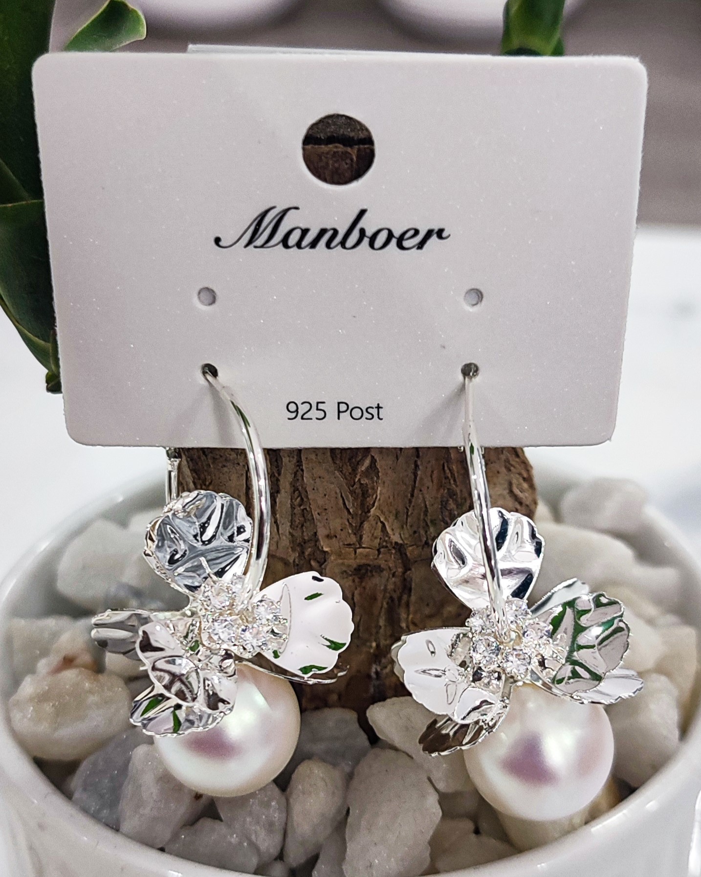 Manboer Textured Silver Orchid Flower & Pearl Drop Hoop Earrings