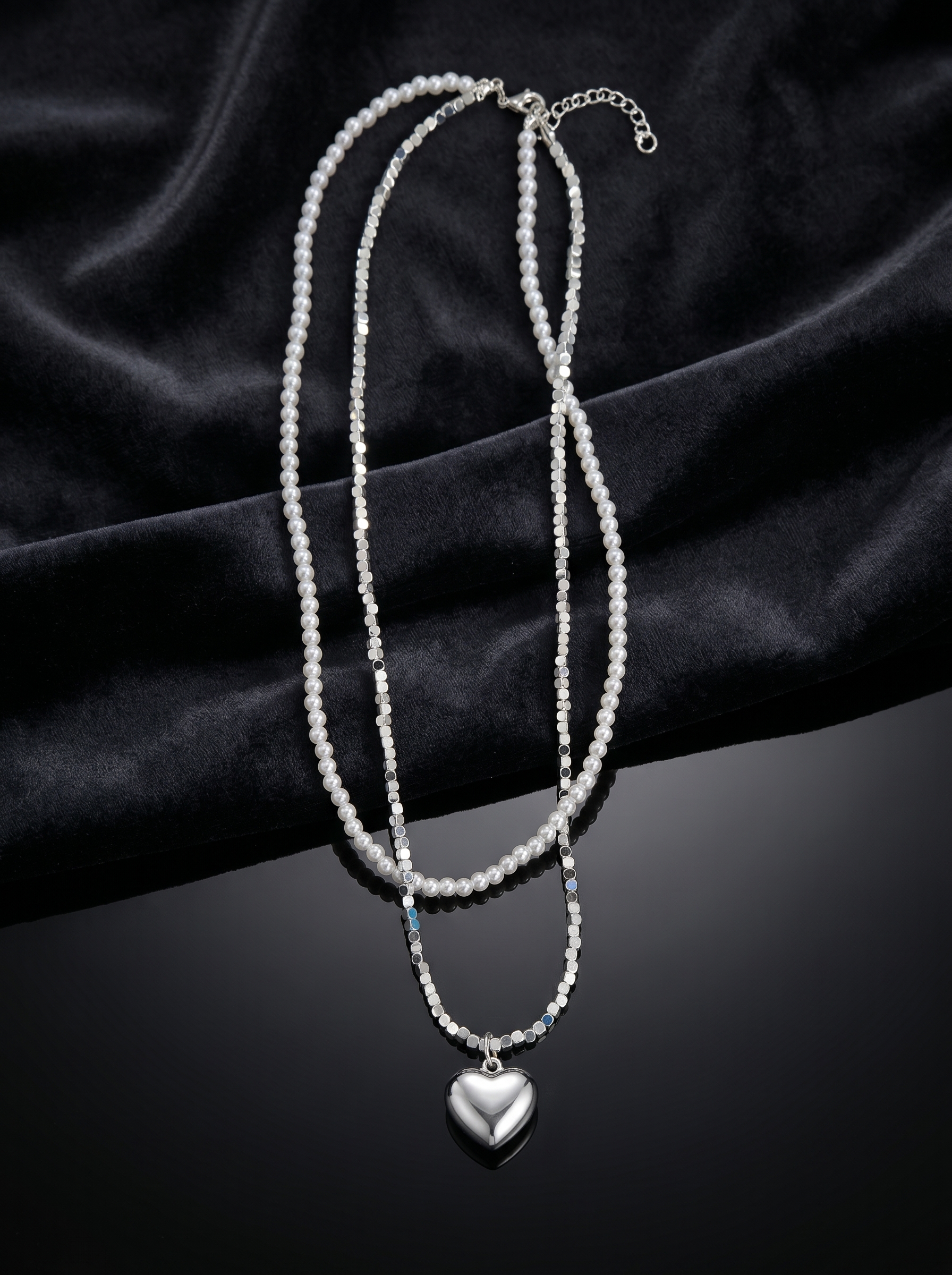 Silver Heart Pearl Layered Necklace