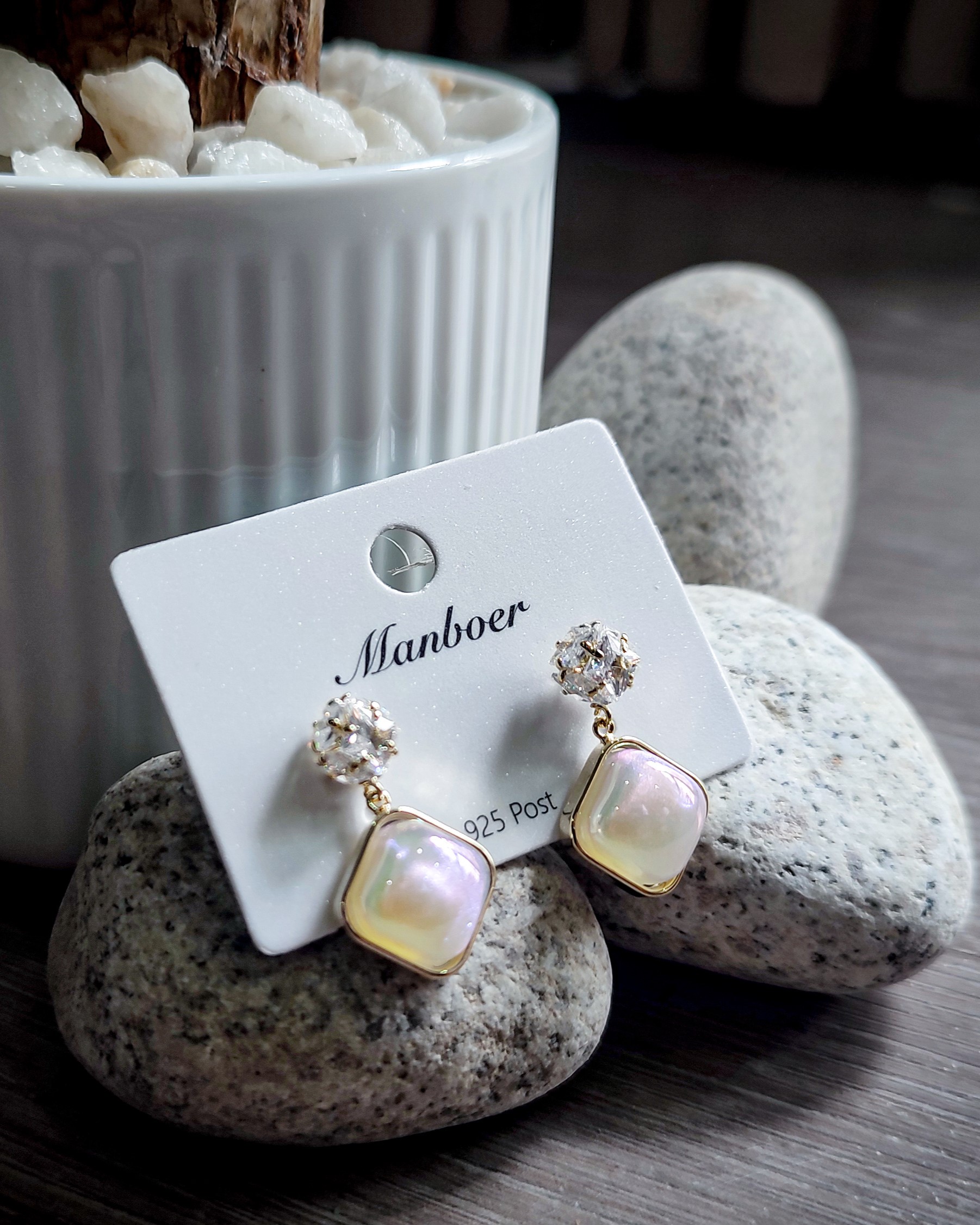Manboer Crystal Cluster Stud and Cushion-Cut Iridescent Pearl Drop Earrings