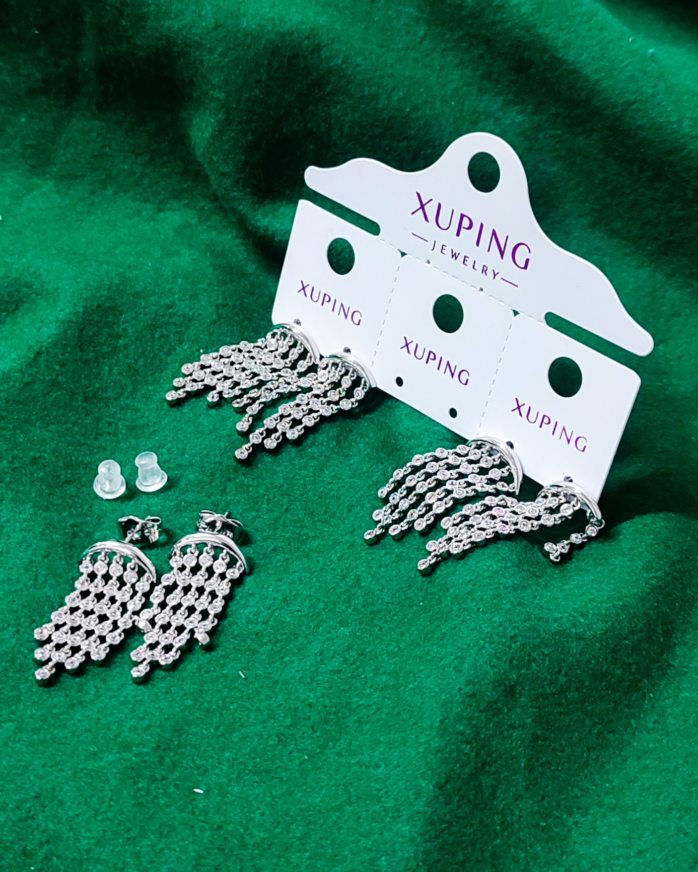 XUPING Elegant Sterling Silver Crystal Chandelier Fringe Tassel Earrings