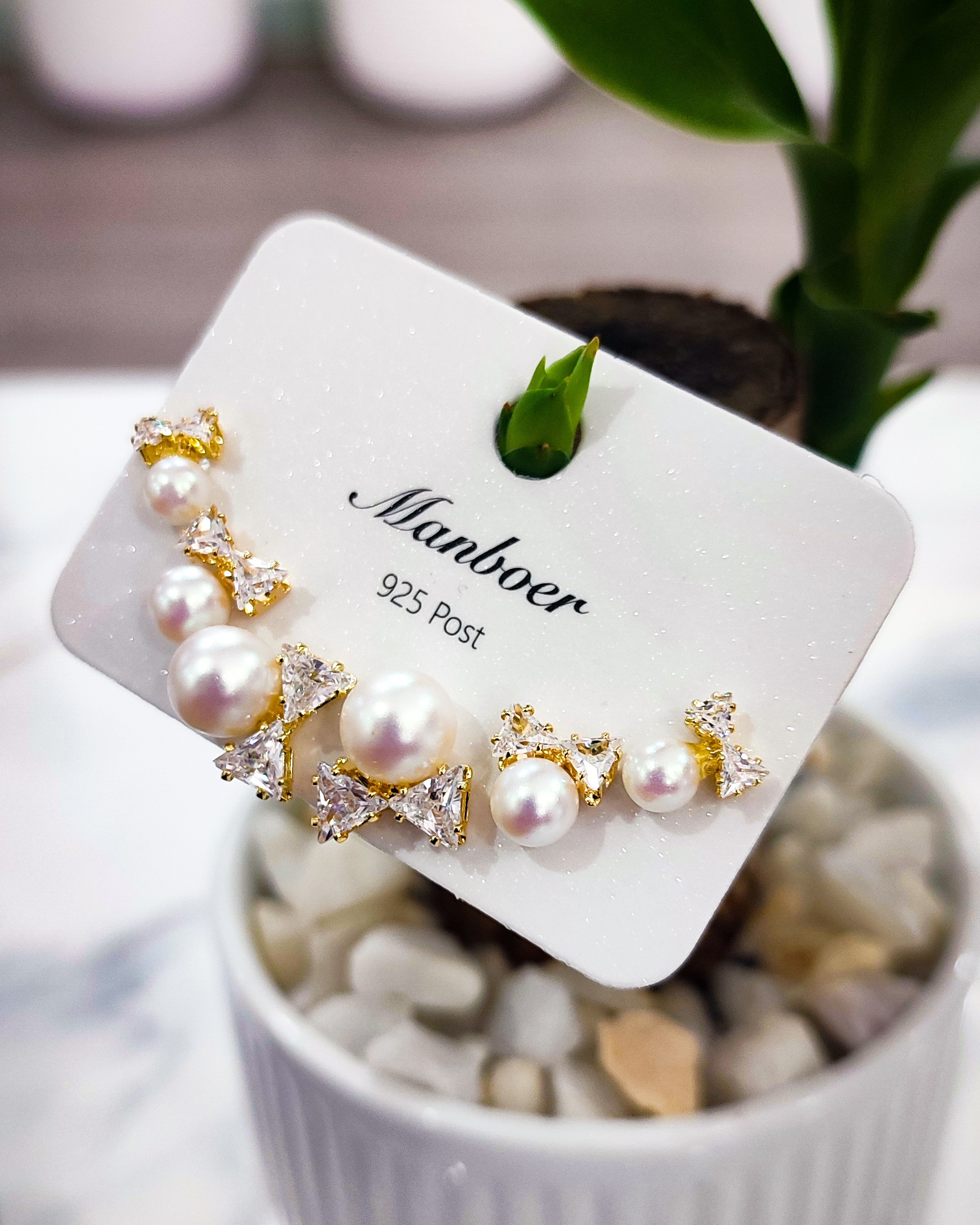 Manboer Elegant Pearl and Crystal Bow Stud Earring Set - 3 Pairs