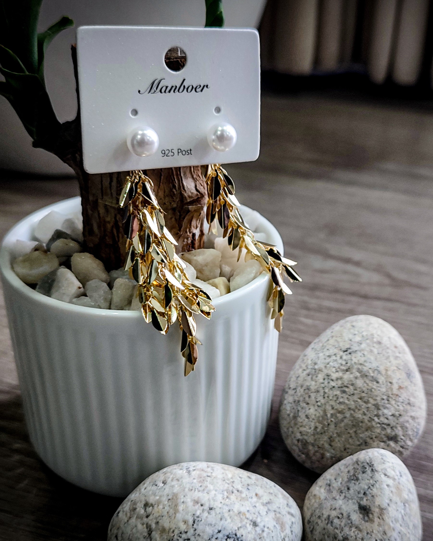 Manboer Pearl Stud Cascading Gold Tassel Leaf Drop Earrings
