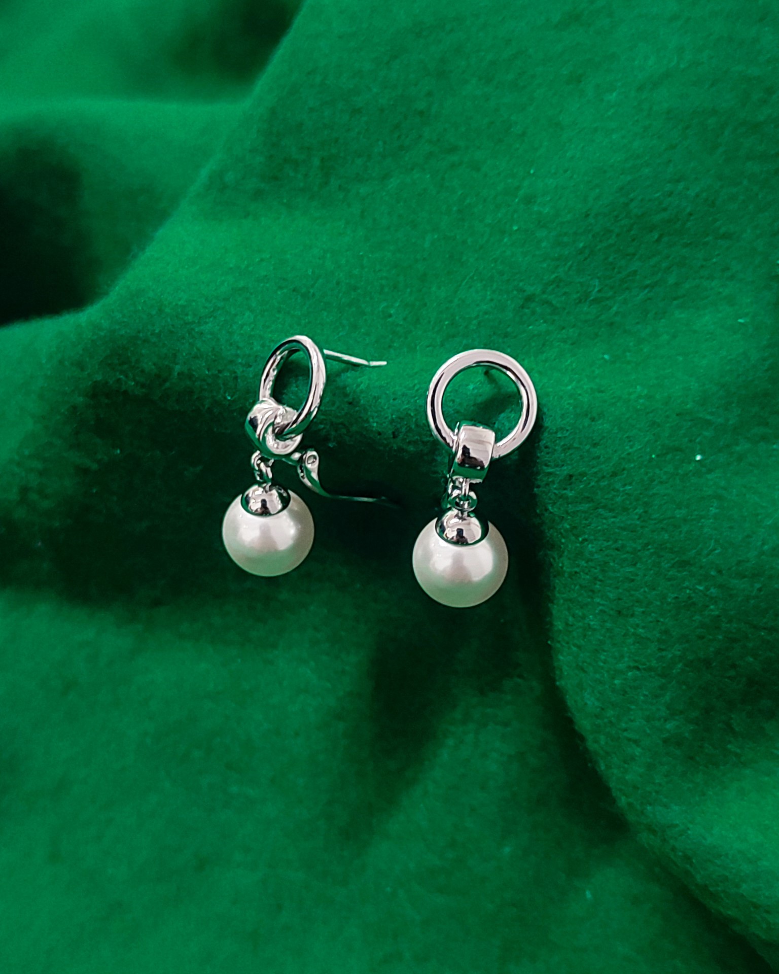 Elegant Sterling Silver Geometric Ring Pearl Drop Earrings
