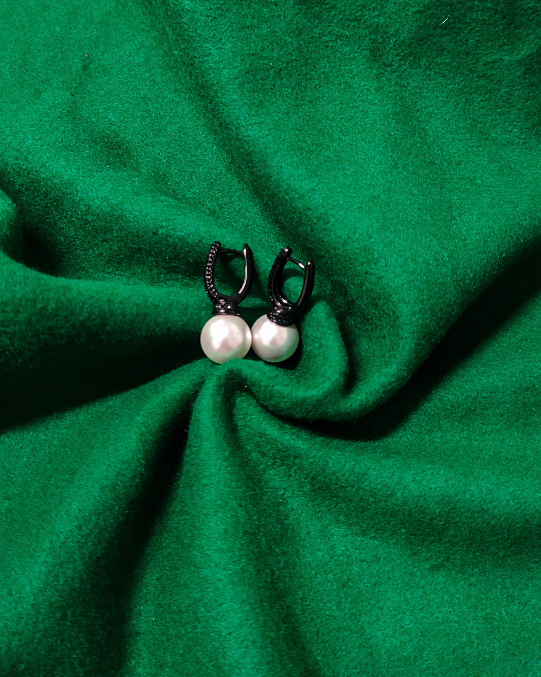 XUPING Gothic Glam Black Pave Crystal and White Pearl Drop Huggie Earrings